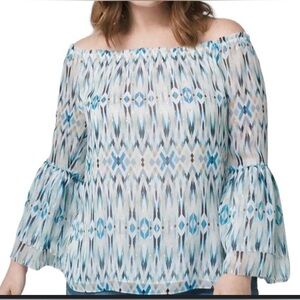 White House Black Market Off Shoulder white blue gold bell sleeve blouse s large